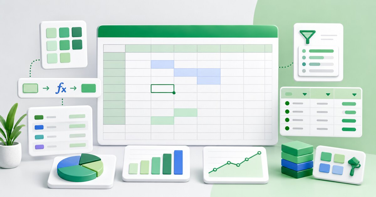 Excel cheat sheet for beginners with formulas, tables, charts, filters, and spreadsheet basics