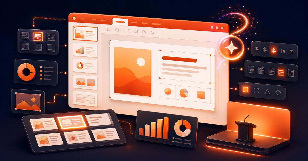 Microsoft PowerPoint cheat sheet with slide layouts, charts, presentation design, and AI tools