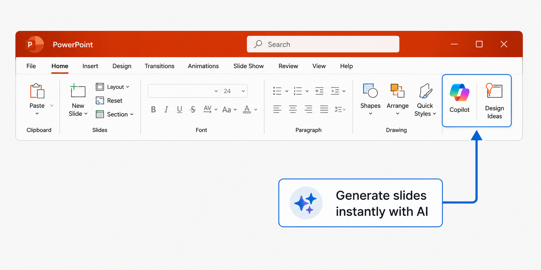 Vector illustration showing where to find and activate Microsoft Copilot and Design Ideas in the PowerPoint ribbon.