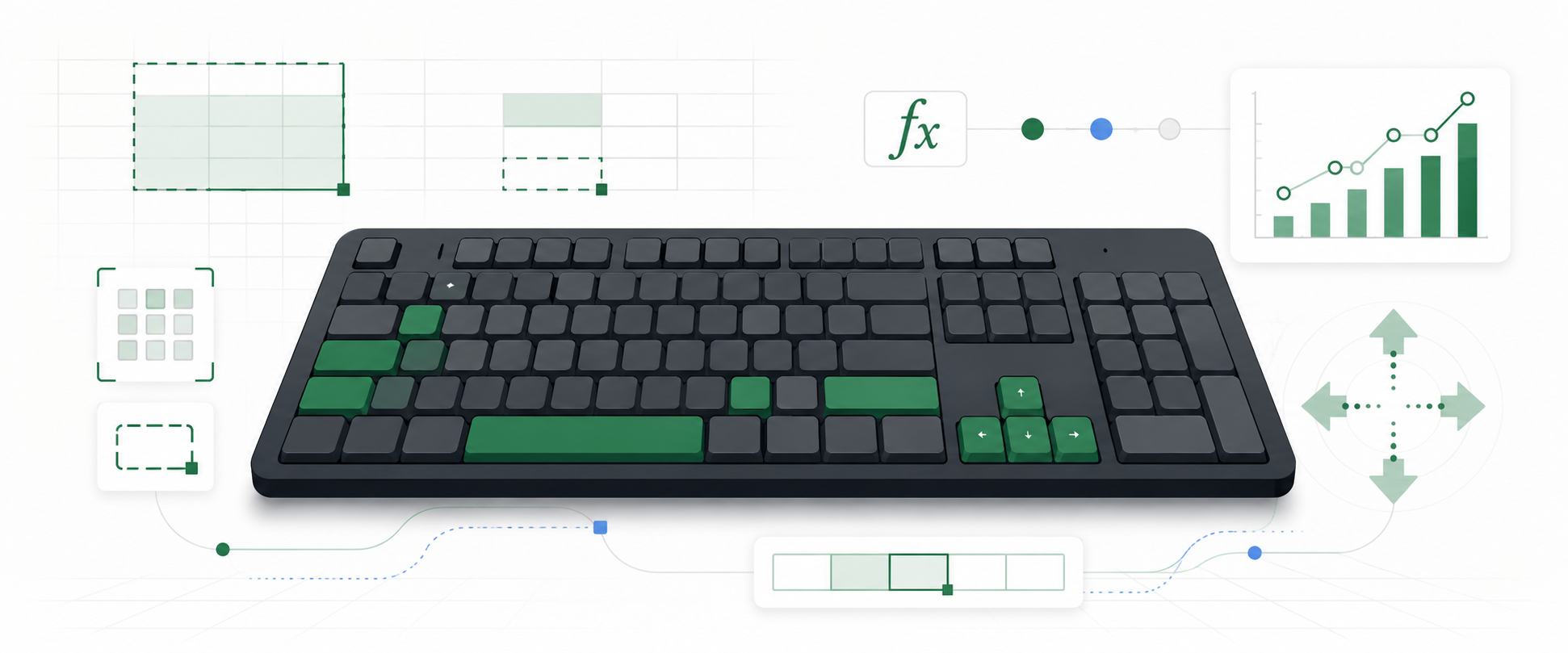 Excel keyboard shortcuts banner with spreadsheet tools and highlighted keys