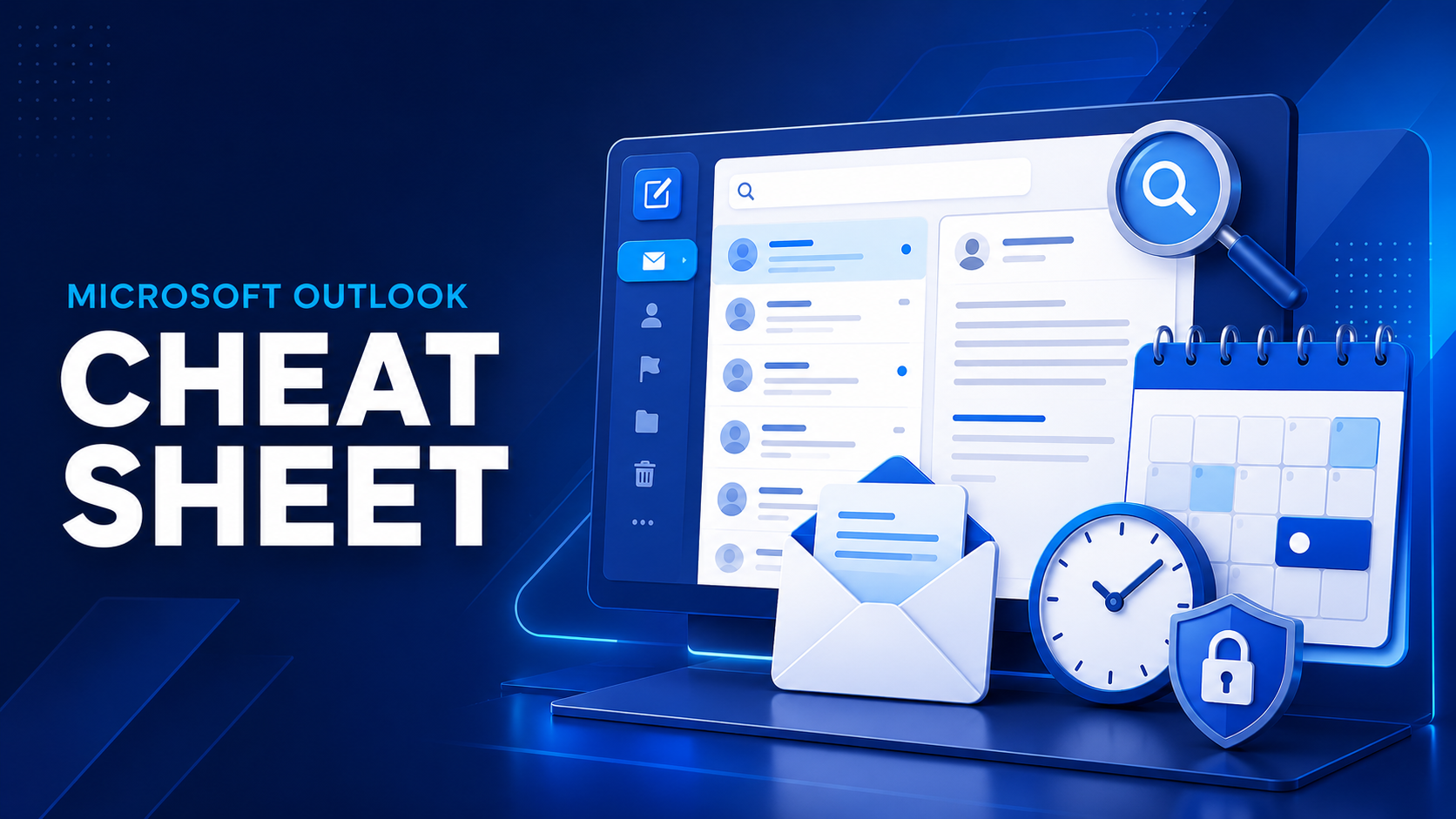 Microsoft Outlook cheat sheet covering email, calendar, search, scheduling, and security