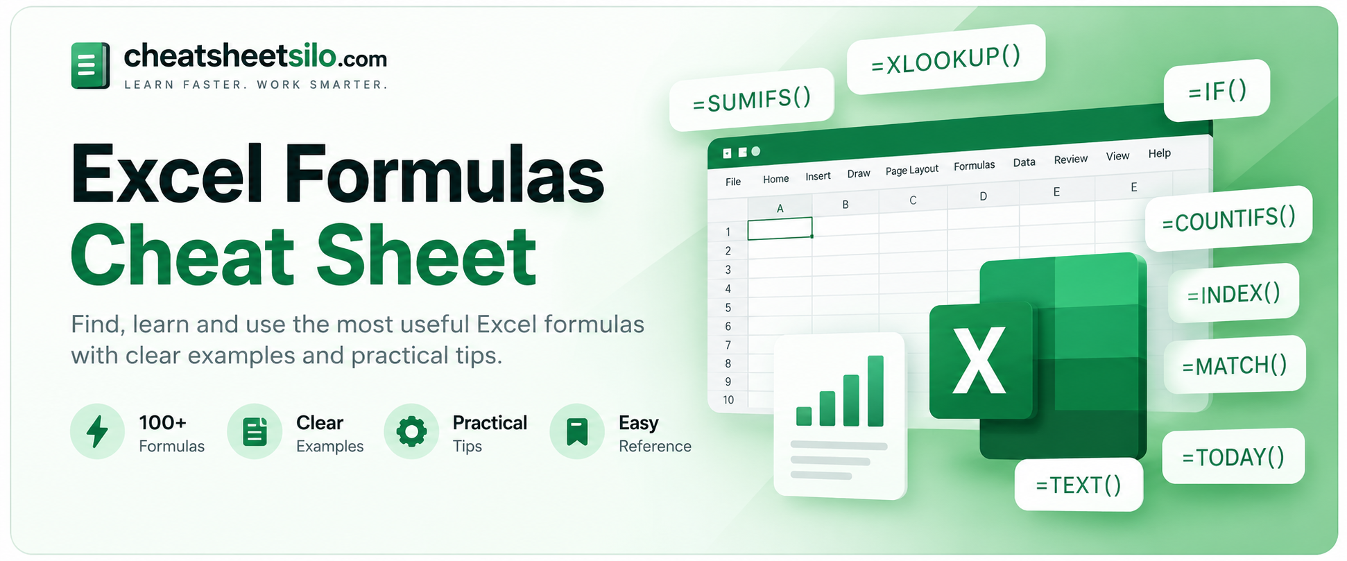 Excel formulas cheat sheet with XLOOKUP, SUMIFS, IF and other formula examples